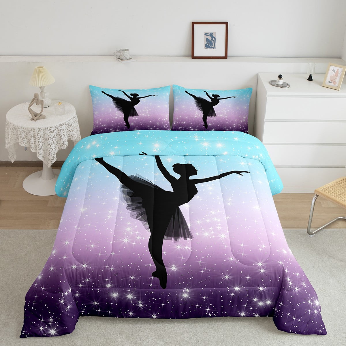 YST Ballet Decor Comforter Set Full Size Teal Purple Gradient Bedding Set Dancing Ballerina Duvet Sets Space Star Glitter Duvet Insert 3 Pieces With