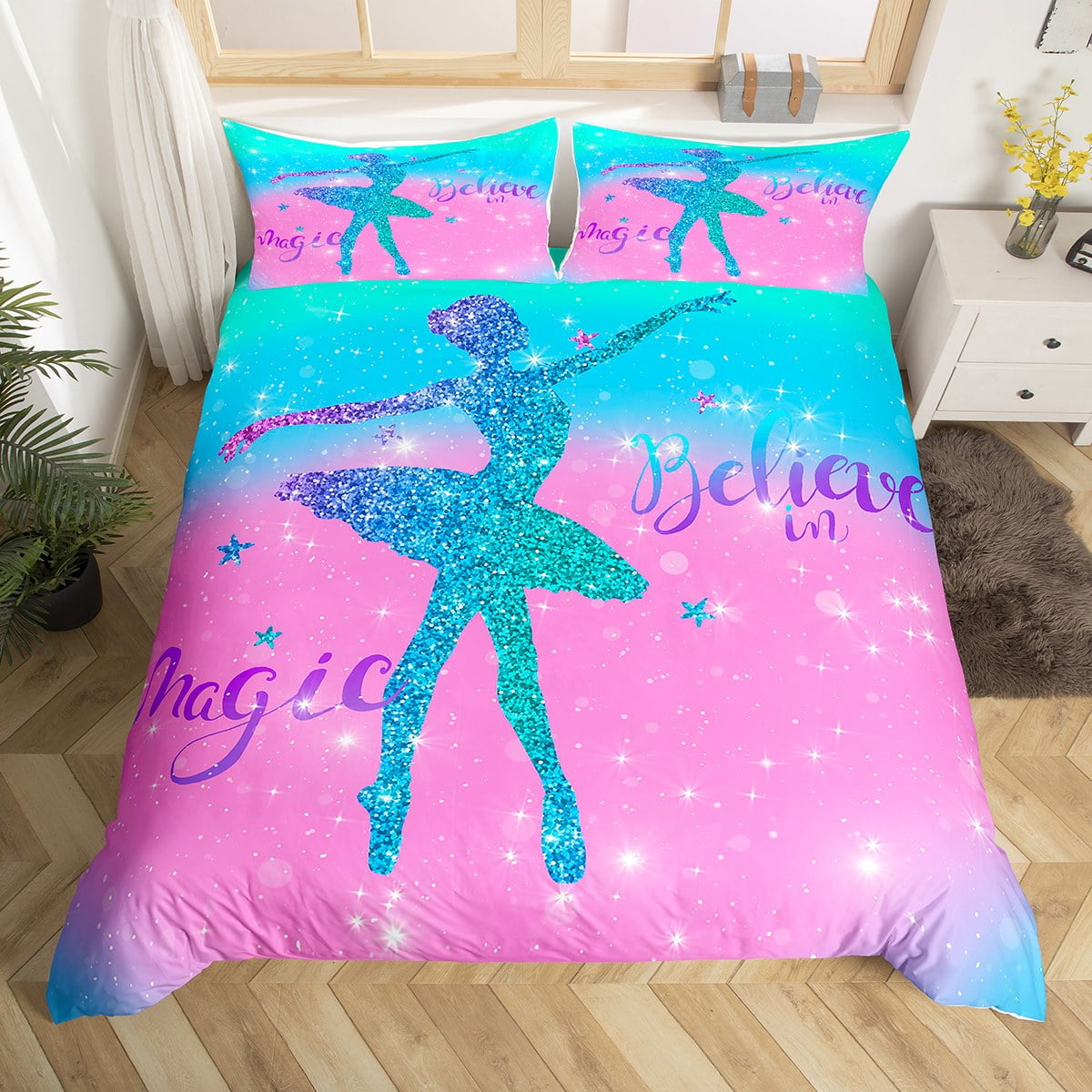 YST Ballet Girl Silhouette Bed Set Pink Galaxy Duvet Cover, Dreaming