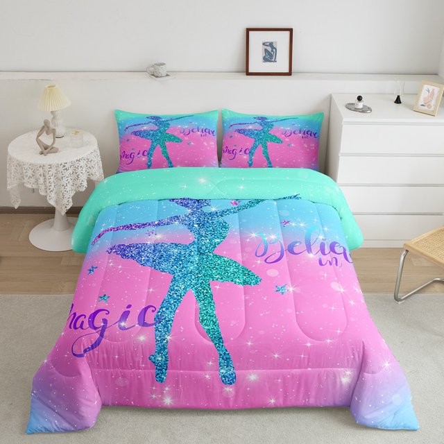 YST Ballet Girl Silhouette Bedding Set Queen Pink Galaxy Comforter Set