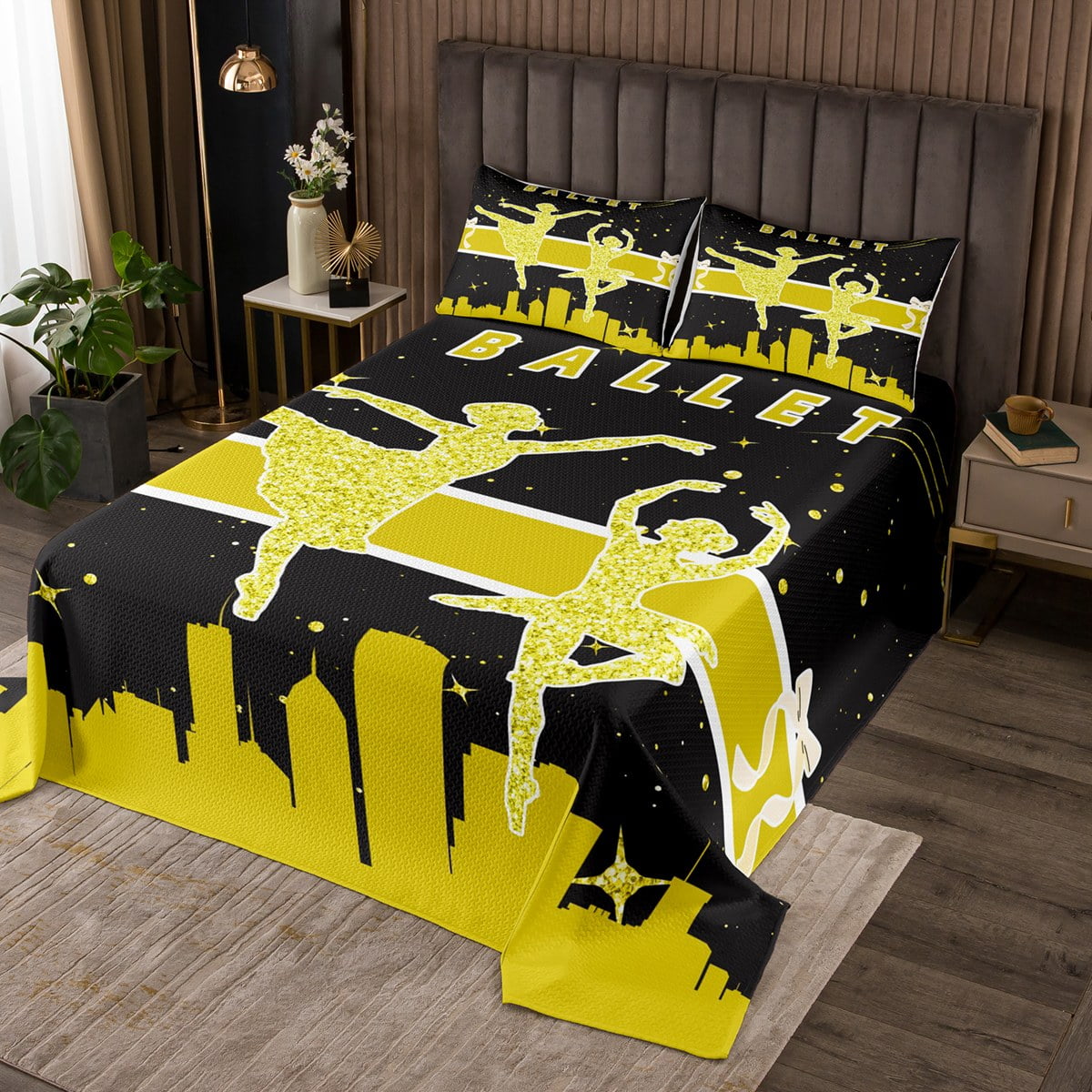 YST Ballet Girls Bedspread Queen Size Dance Quilt Set, Gold Sparkles