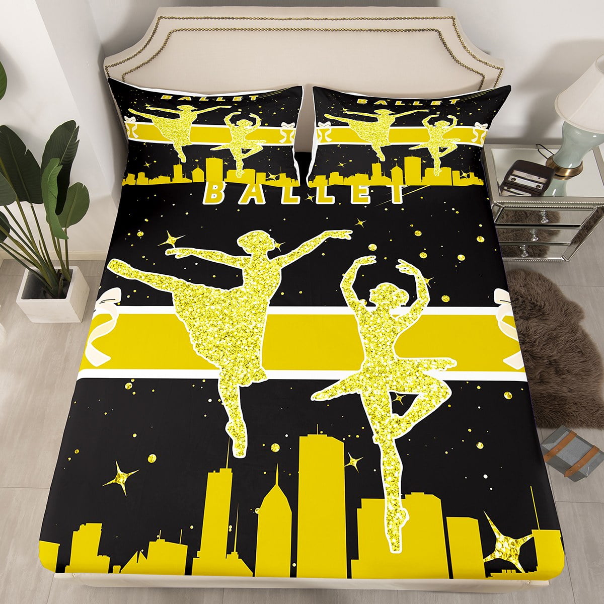 YST Ballet Girls Twin Sheets Dance Bed Sheets, Gold Sparkles Glitters Fitted Sheet Gymnastics ...