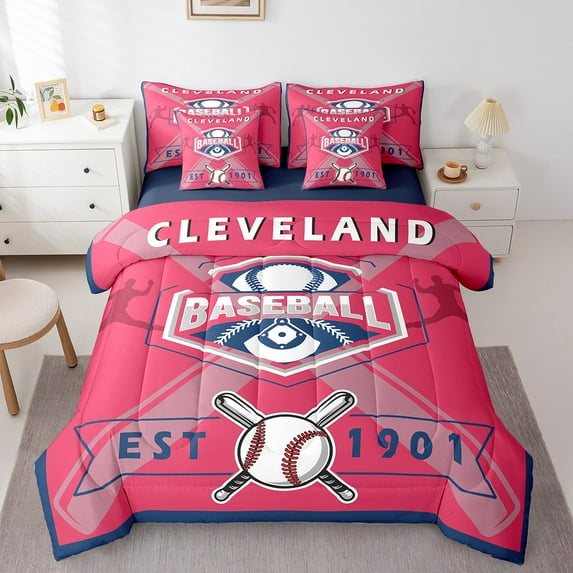 Baseball 7 Piece Bedding Sets Baseball Player Comforter Bed in a Bag Sports Printed Quilt with Sheet Set, Teen Bedroom Decor,Full 7Pcs,Cleveland