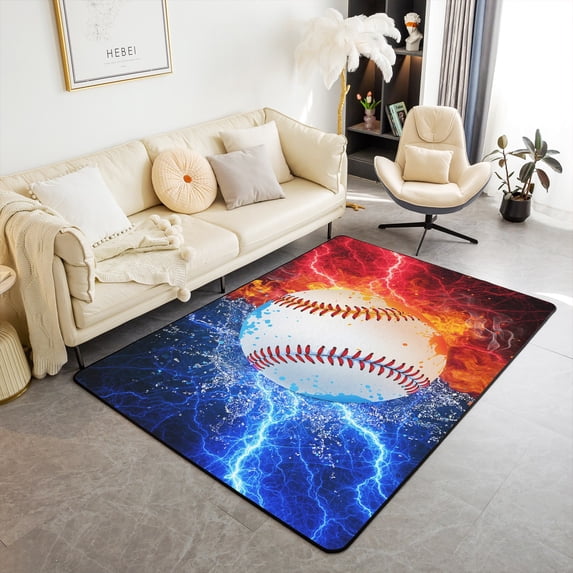 Erosebridal Baseball Area Rug Teens,Sport Theme Carpet 3x5 for Bedside,Ice Fire Print Rug for Living Room,Ball Gamer Gaming Accent Rug Set for Bedroom Doorway Non Shedding,Red Blue Black