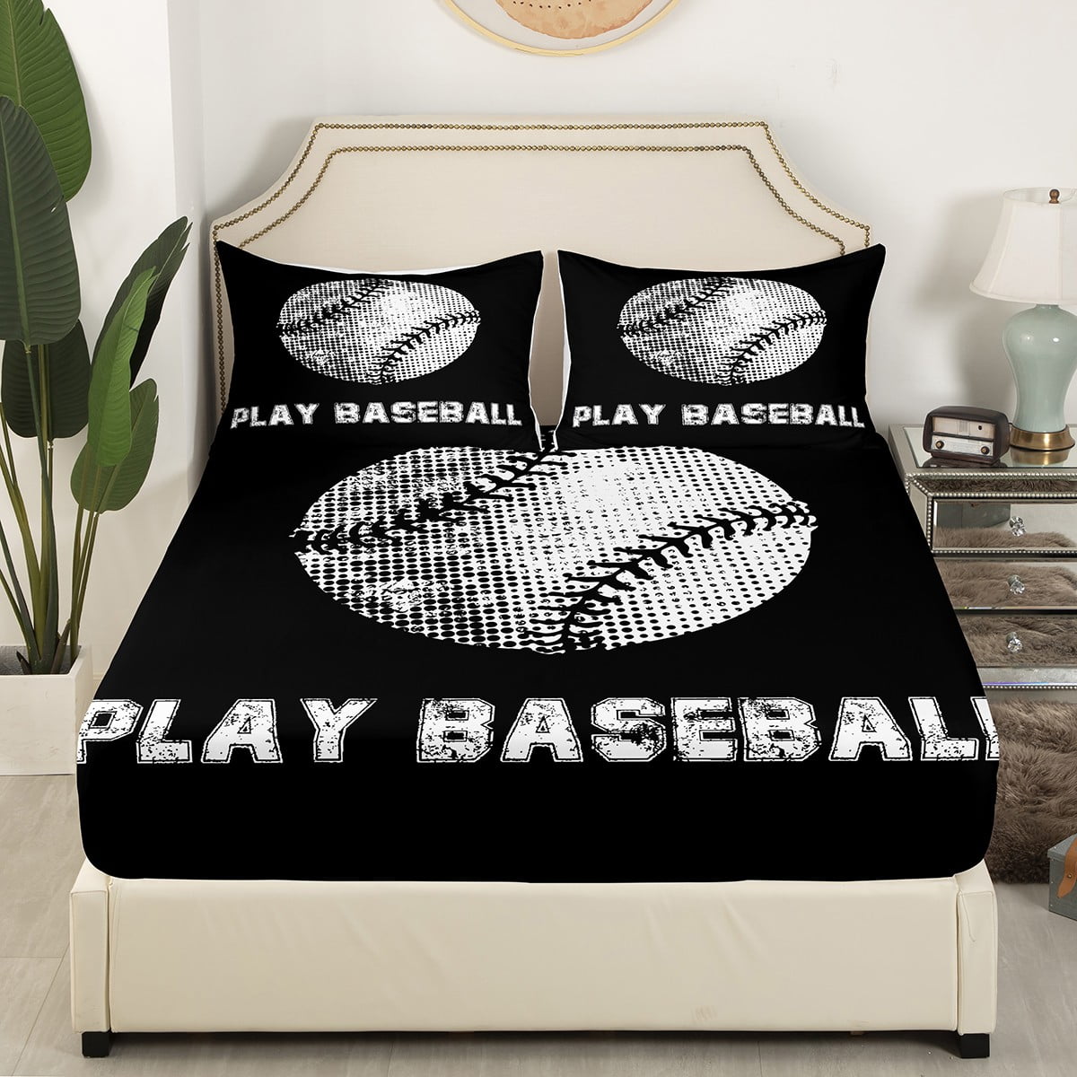 YST Baseball Bedding Set Sports Theme Fitted Sheet Full Size, Black