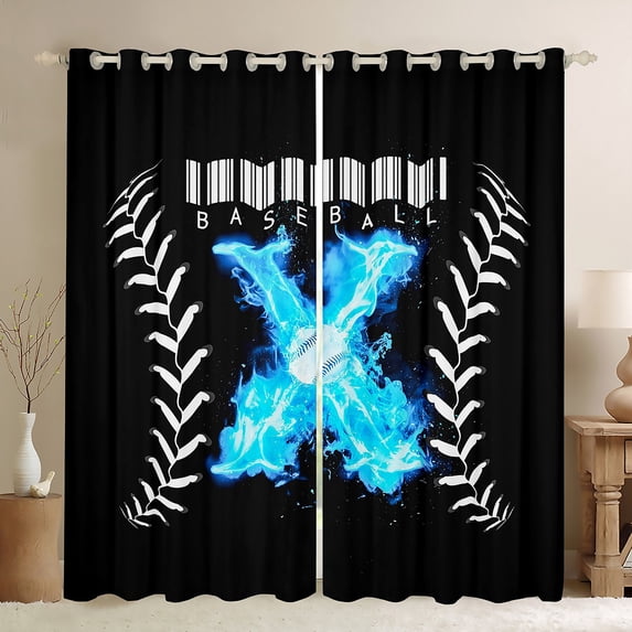 YST Baseball Curtains & Drapes, Ice And Fire Blackout Curtains Letter X Decor Curtains For Kids Boys Teens Adult Bedroom Decor, Ball Sports Games Window Curtains 52"Wx84"L 2 Panels, Black Blue