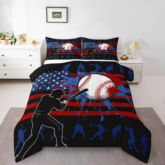 Baseball Bedding Set American Flag Comforter Set Sports Games Quilt Teens Men Full Size Stars And Stripes Down Comforter,Red Blue Black