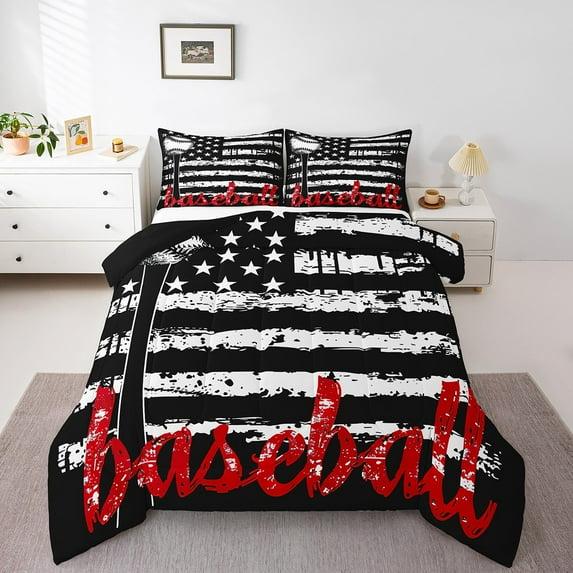 Baseball Print Bedding Twin Size Teens Sports Comforter Set, Vintage American Flag Duvet Insert Black and White Stripe Quilt Comforter, Grunge Retro Bedding Comforters & Sets