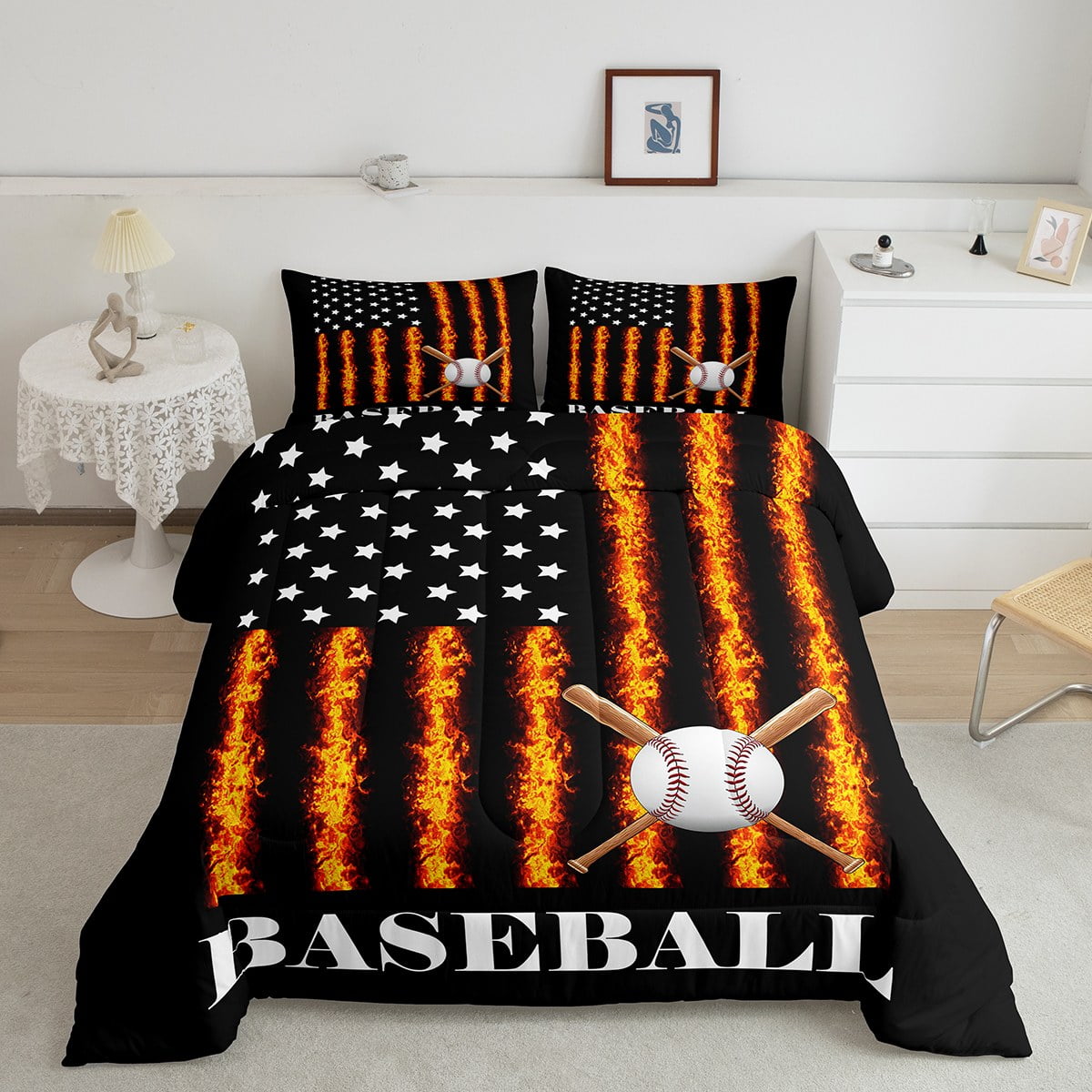 Baseball Print Comforter Set – Sports Theme Bedding Collection, 3-Piece (Full Size, Includes 1 Comforter & 2 Pillowcases)