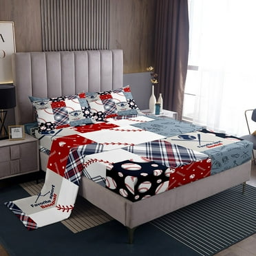 Baseball Print Sheet Set Twin Size Sports Games Sheets Ball Gaming Themed Bed Sheets Set Patchwork Geometric Grid Flat Fitted Sheet Bedroom Decor,Blue Red White