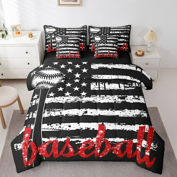Erosebridal Baseball Print Twin Comforter Set 7pcs Teens Sports Bedding Comforter Sets, Vintage American Flag Bed in a Bag Black and White Stripe Bedding Set, Grunge Retro Bed Sheets Set