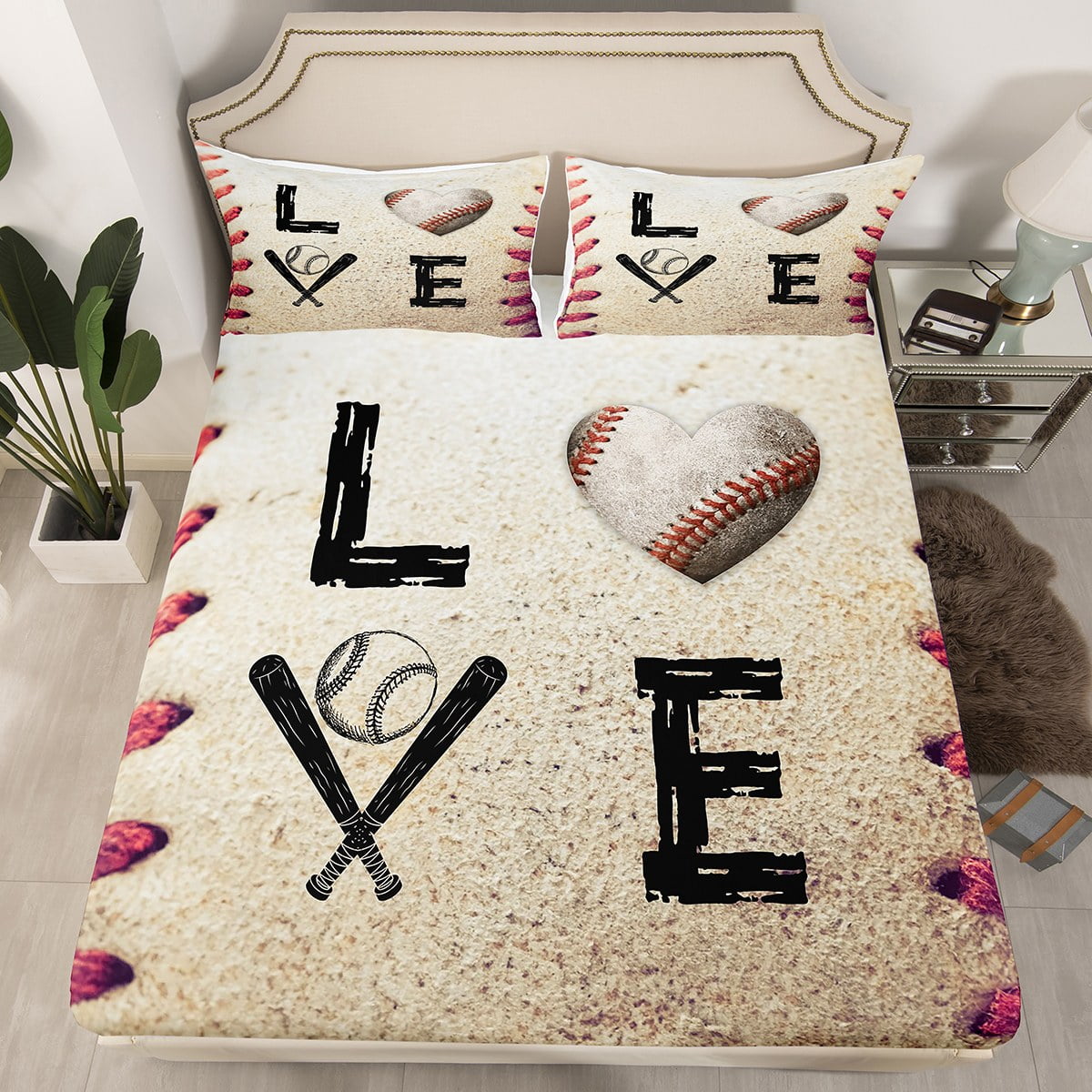 YST Baseball Printed Twin Fitted Sheet Love Heart Print Sheets
