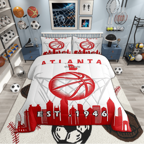 Basketball Bed Set Twin, Basketball Bedding Set, Basketball Team City Name Comforter Set,Sports Game Down Comforter with 1 Pillowcase Ultra Warm,Atlanta