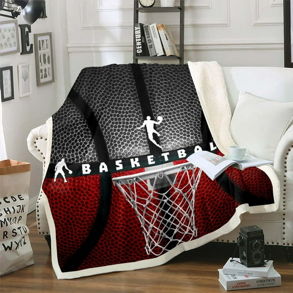 Basketball Blanket ,Ball Games Sports Throw Blanket,Basketball Hoop Indoor Fleece Blanket,Red Black Gray Basketball Bed Blanket Bedroom Decor 90"x90"