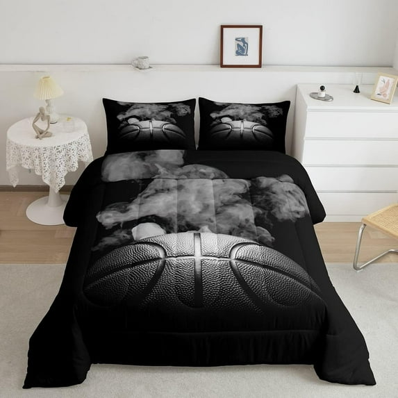 Basketball Comforter Set Teen Queen Size Sports Basketball Bedding Set Basketball Room Decor Reversible Black Down Comforter Grey Hippie Smoke Quilt Duvet Insert 2 Pillow Case