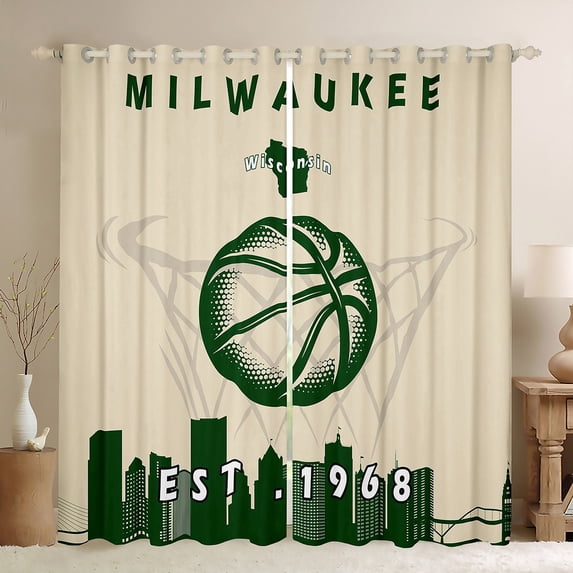 Erosebridal Basketball Curtains 38x54 inch,Basketball Blackout Curtains,Sports Curtains Drapes,Basketball City Team Window Curtains 2 Panels for Living Room,Milwaukee
