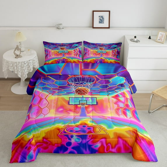 Basketball Print Full Comforter Set Sports Bedding Set, Watercolor Tie Dye Bedding Comforter Sets Basketball Court Duvet Set, Rainbow Aesthetic Quilted Comforter Room Decor