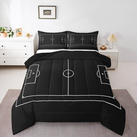 Basketball Quilt Sports Games Themed Comforter Set Queen Size Black Court Bedding Set Men With 2 Pillow Cases