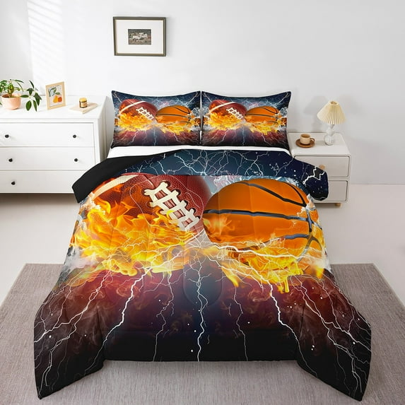 Erosebridal Basketball Comforter Set Football Soccer Bedding Set, Ice and Fire Lightning Bedding Comforter Sets Sport Theme Duvet Set, Ball Gamer Quilted Comforter