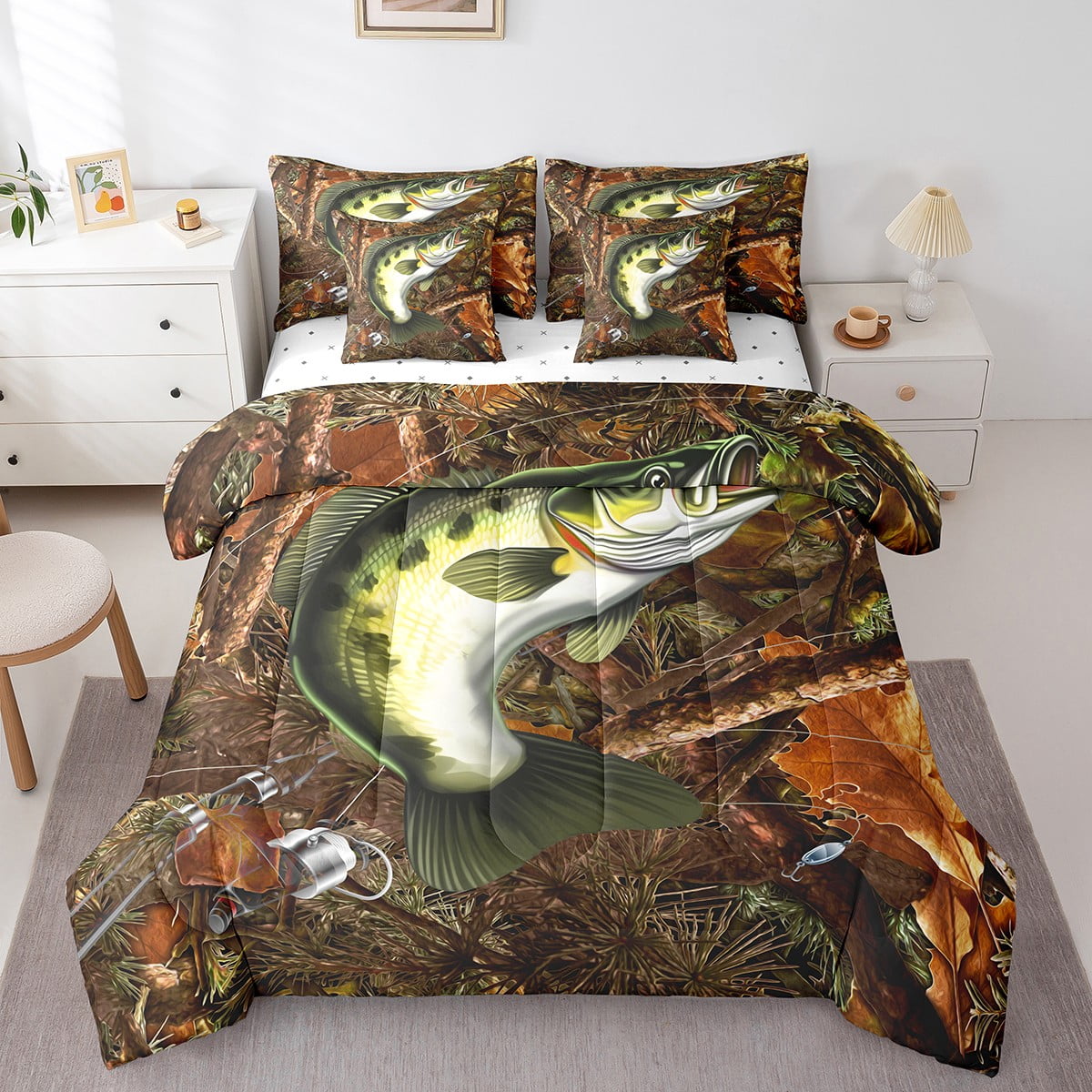 Go Fishing Themed Fitted Sheet Set - Full Size, 3 Piece (Fitted Sheet + 2 Pillowcases), Deep Pocket, Polyester