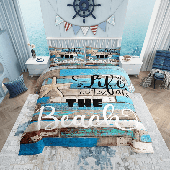 Beach Life Comforter Set Queen Size,Blue Farmhouse Wooden Bedding Set for Adults Room Decor,Hawaiian Ocean Quilt Set Starfish Sea Life Duvet Insert