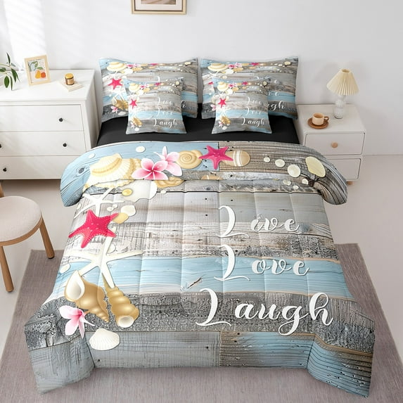 Beach Theme Bed in a Bag 7 Pieces Starfish Seashell Bedding Set, Coastal Farmhouse Twin Size Comforter Set Old Barn Door Striped Bedding Comforter Sets, Tropical Summer Holiday Bed Set