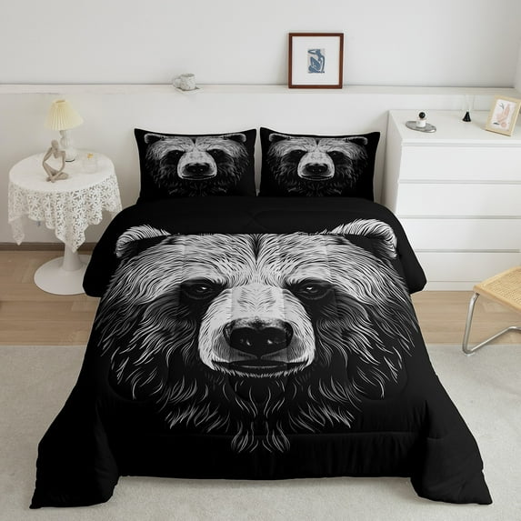 Erosebridal Bear Bedding Wild Animal Comforter Set Cartoon Bear Head Bedding Comforter Sets, 3D Fierce Animal Theme Quilted Duvet Set Fluffy Scary Eyes Bear Animal Down Comforter Twin (Black)