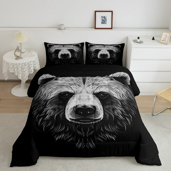 Erosebridal Bear Bedding Wild Animal Comforter Set Cartoon Bear Head Bedding Comforter Sets, 3D Fierce Animal Theme Quilted Duvet Set Fluffy Scary Eyes Bear Animal Down Comforter Twin (Black)