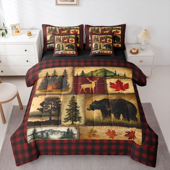 Bear Cabin Plaid 7 Piece Comforter Set Full,Rustic Farmhouse Bed in a Bag,Retro Hunting Deer Bedding,Country Woodland Pine Tree Quilt Set,Maple Leaf Lodge Fitted Sheet,Red Black Brown