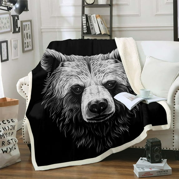 Bear Gifts Throw Blanket 3D Wild Animal Teen Sherpa Blanket Twin, Cartoon Fierce Animal Print Fleece Blanket Black Bear Fuzzy Blanket Bedroom Decor