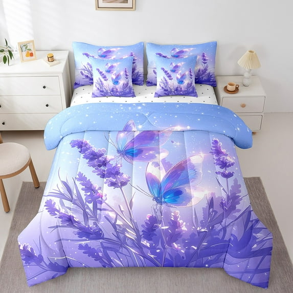 Beautiful Butterfly Bedding Comforter Sets Lavender Flowers Bed In A Bag 7 Pcs Romantic Starry Sky Bedding Set Twin Size Bedroom Decor Dreamy Blue Purple Comforter Set Women