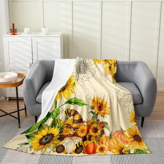 Bee Gnome Blanket ,Summer Sunflower Plants Throw Blanket 40x50 Inch,Fall Harvest Thanksgiving Pumpkin Fleece Blanket,Cartoon Honey Bees Dwarf Fleece Blanket