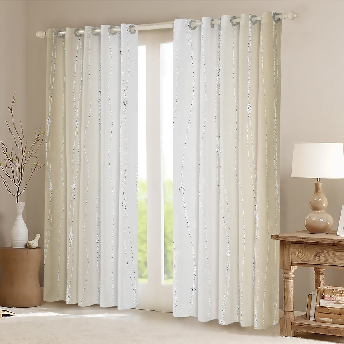 Erosebridal Beige and Greyish White Curtains & Drapes Gradient Ombre Blackout Curtains, Wave Lines Dots Curtains Aesthetic Geometry Black Out Curtains Modern Abstract Window Drapes Room Decor