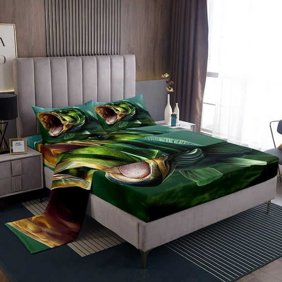 Big Bass Fish Queen Sheets Sea Ocean Animal Bed Set, Pike Fish Print Bed Sheets Set Hunting and Fishing Sheet Sets, Rustic Lake River House Farmhouse Bedding Set Lightweight