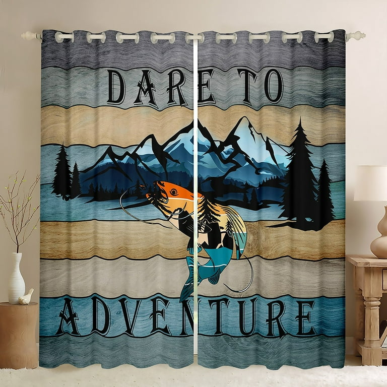 YST Big Pike Fish Curtains & Drapes Hunting and Fishing Blackout Curtains,  Rustic Farmhouse Lodge Cabin Curtains Vintage Lake House Black Out Curtains,  Ocean Sea River Animal Window Drapes 