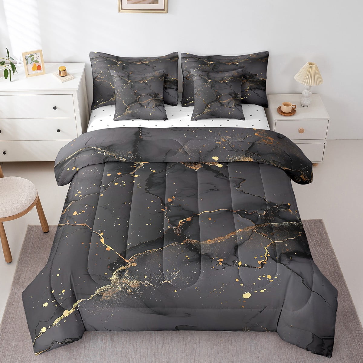 YST Black Aesthetic Bedding Full Size 7-Piece Gold Metallic Comforter ...