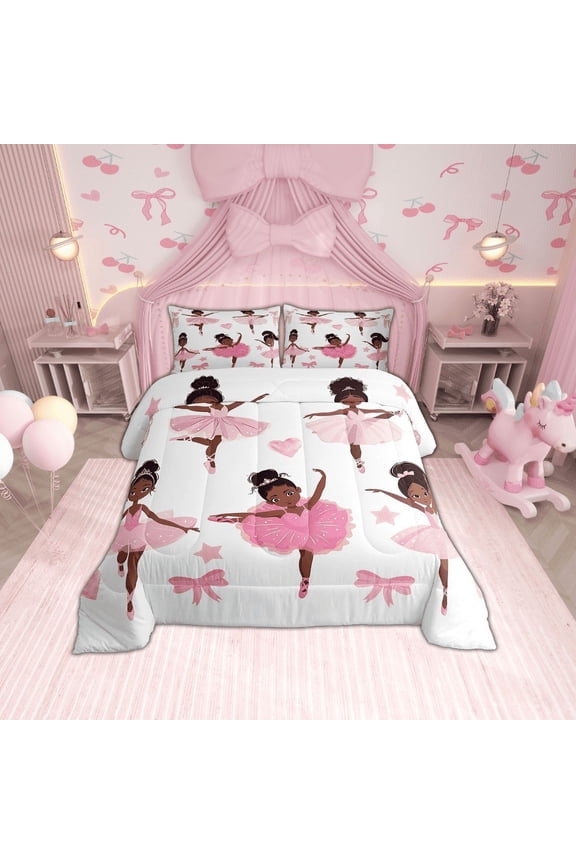 Black Ballet Comforter Set Twin Pink Princess Bedding Set Cute American African Comforter Sets ,Kawaii Love Heart Bed Set Reversible Colorful Stars Print