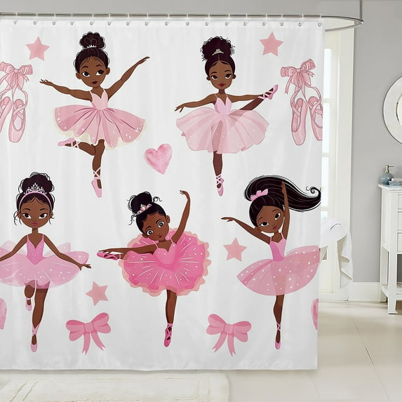 Black Ballet Shower Curtain 72"Wx84"L Pink Princess Bathroom Curtain Cute American African Bathtub Curtain ,Kawaii Love Heart Stars Bathroom Accessories 12 Hooks