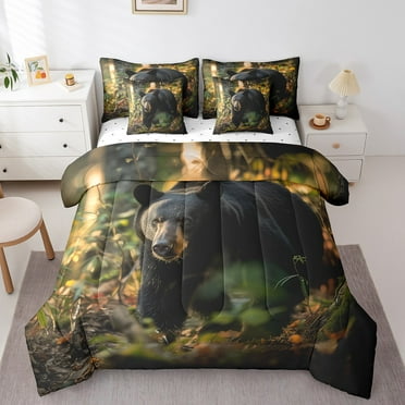 Black Bear Bedding Sets 7 Piece Queen 3D Wildlife Print Comforter Set for Teens Adults Farmhouse Woodland Bear Quilt with Flat Fitted Sheet Nature Jungle Animal Bed In A Bag,Black