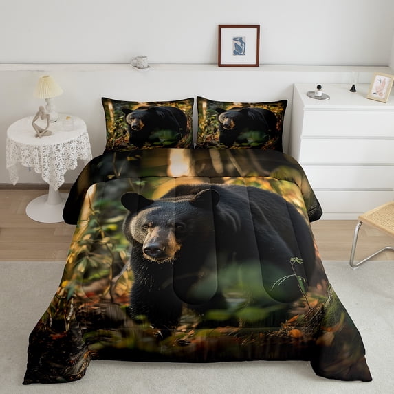 Erosebridal Black Bear Full Size Comforter Set, Animals Wildlife Lightweight Comforter, Trees Woodland Nature Bedding Comforter Sets For Bedroom, Black Brown Rustic Bedding Set