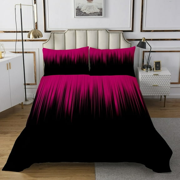 Black Bedspread Queen Size Hot Pink Quilt Set Women Bedroom, Glowing Ombre Coverlet Set Abstract Decor 3pcs