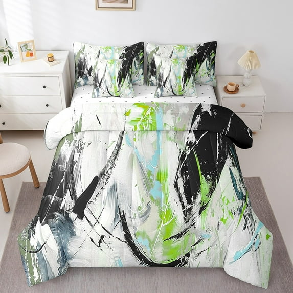 Black Blue Lime Green Bedding Set Abstract Stripe Full Comforter Set With Sheet Set Teen Oil Painting Graffiti Artwork Bed In A Bag 7 Piece Grunge Aesthetics Bed Set