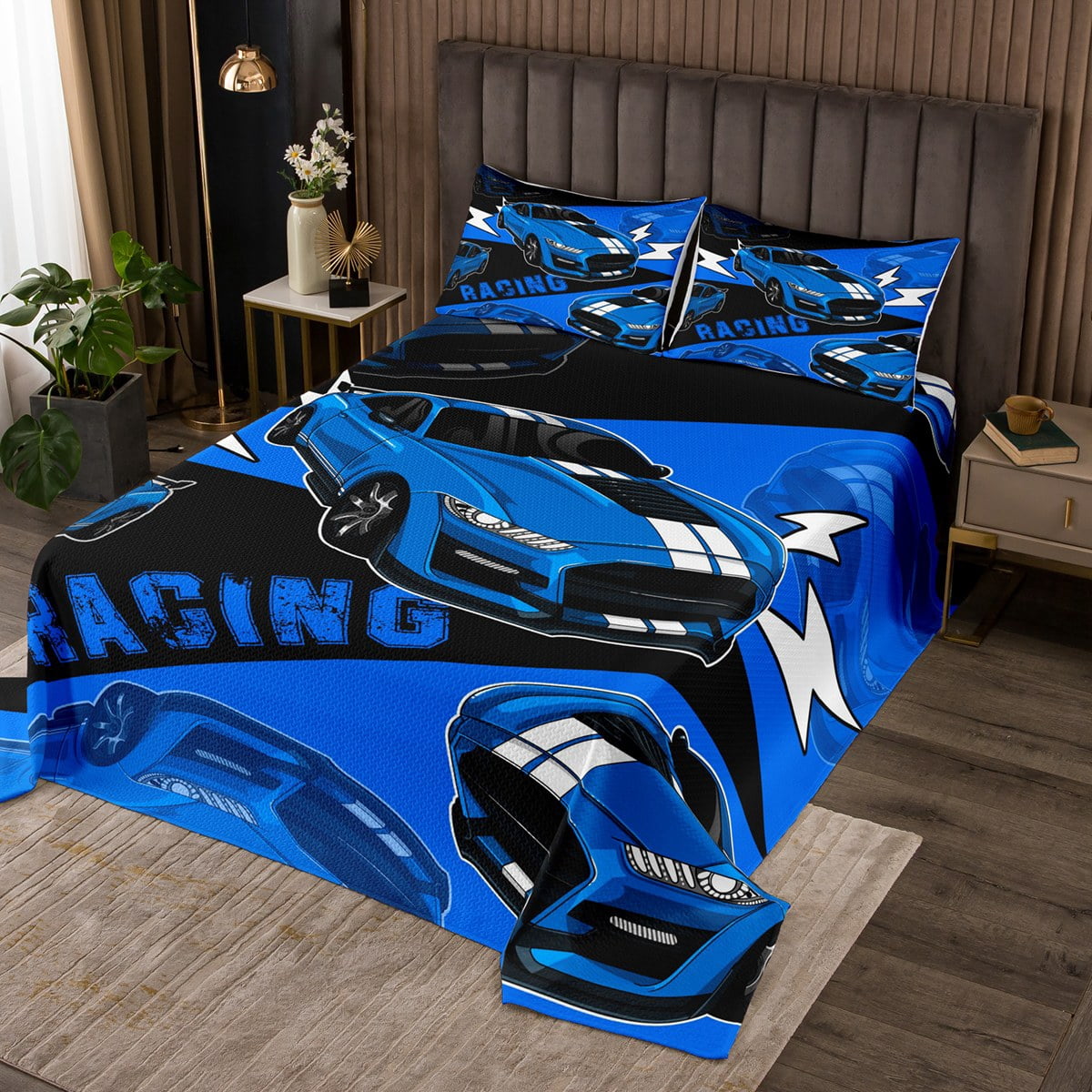 Erosebridal Black Blue Race Car Bedspread Set Sports Car Quilt Set King,Race Car Bedroom Decor ...