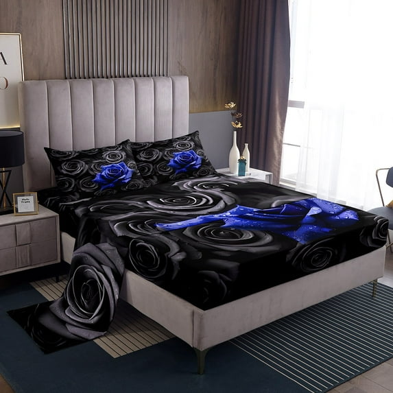 Erosebridal Black and Blue Rose Bed Sheets King Romantic Flowers Sheet Set,3D Roses Bedding Set for Women,Wedding Valentines Day Bedroom Decor Blossom Floral Fitted Sheet