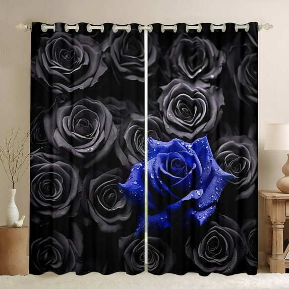 Black Blue Rose Curtains & Drapes Romantic Floral Curtains 30%-50% Blackout,3D Roses Window Curtains for Women Bedroom,Wedding Valentines Day Decorations Flower Curtains