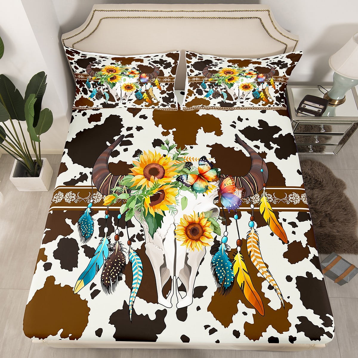 YST Black Brown Cowhide Fitted Sheet Bull Skull Western Bed Sheets Full