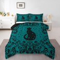 thumbnail image 1 of Black Cat Bedding Comforter Sets King Teal Halloween Gothic Bedding Sets,Retro Exotic Damask Floral Animal Goth Comforter Set For Adults Men Women Boho Moon Stars Quilt Set, 1 of 6