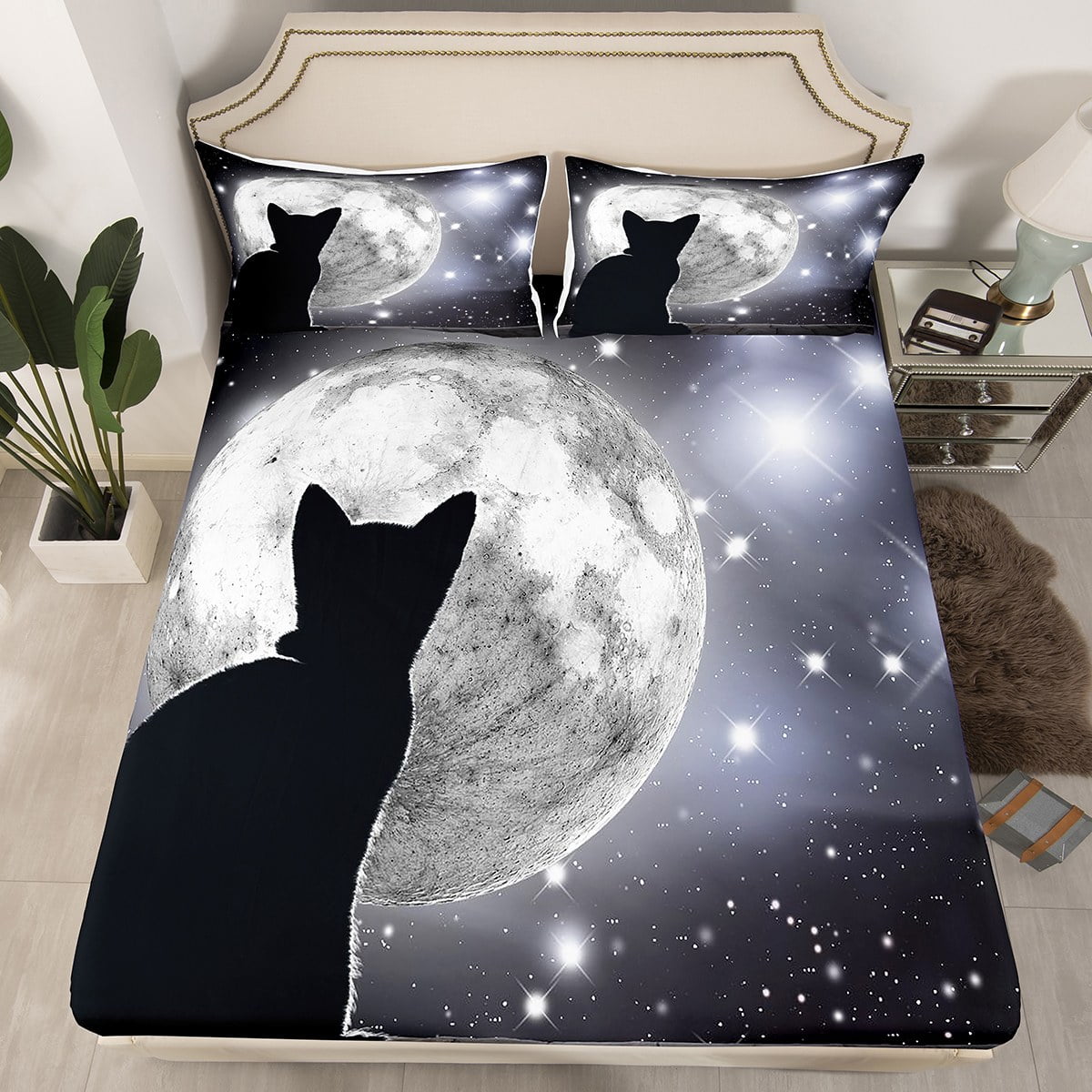 YST Black Cat Twin Sheets Moon Print Bed Sheets, Psychedelic Stars Fitted Sheet Mystic Galaxy