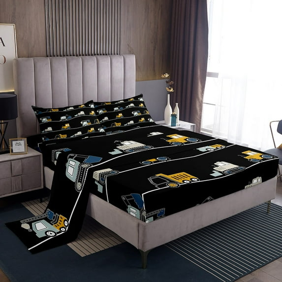 Black Construction Bed Sheets Full ,Cartoon Truck Sheet Set Tractor Room Decor,Crane Excavator Bulldozer Fitted Sheet Vehicle Trucks Bedding Set