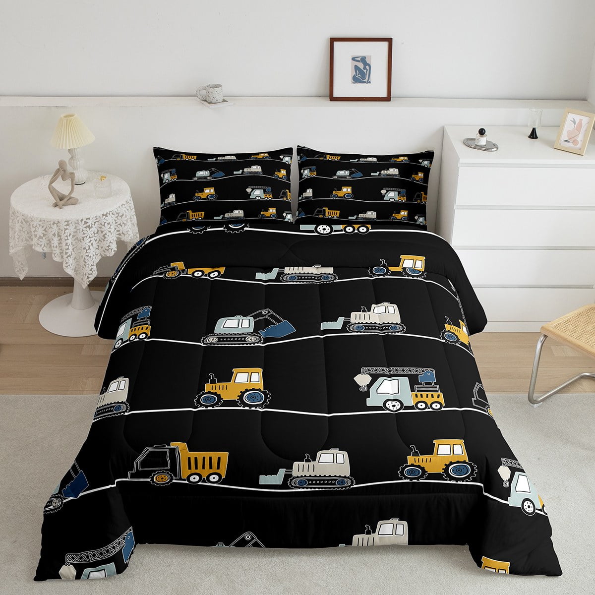YST Black Construction Bedding Set Queen,Cartoon Truck Comforter Set ...