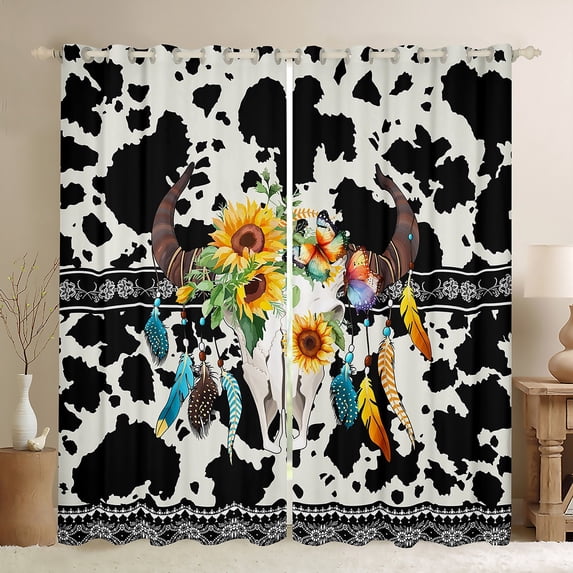 Erosebridal Black Cowhide Curtains & Drapes 2 Panels 52"Wx63"L,Bull Skull Curtains Bohemian Sunflower Watercolor Feather Blackout Curtains,Flowers Butterfly Gothic Bone Skeleton Western Decor